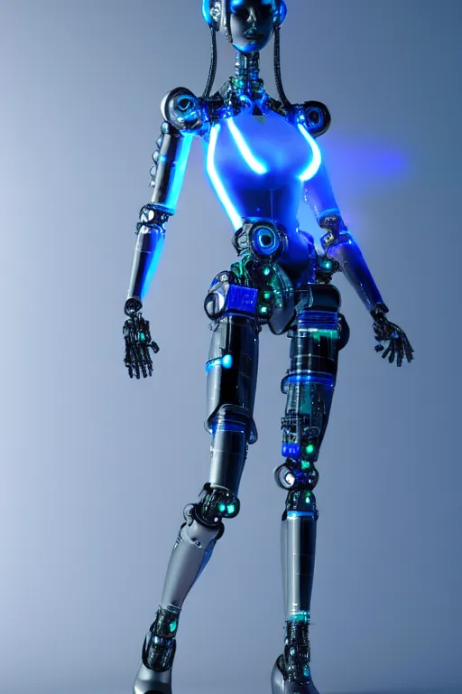 Image similar to a stunning robot woman with cybernetic enhancements, wires, led lights, glowing lights, futuristic, 3 d render