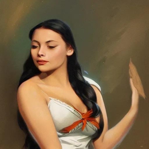 Image similar to portrait of a young pocahontas, bird, idian dress, dreamy and ethereal, expressive pose, peaceful expression, elegant, highly detailed, digital painting, artstation, smooth, sharp focus, by gil elvgren by harry ekham