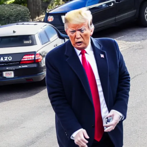 Image similar to candid ap press photo of president trump in handcuffs being arrested by fbi agents, escorting him into a police car, 3 5 mm lens, highly detailed portrait, 4 k uhd, sony camera, f / 2 2