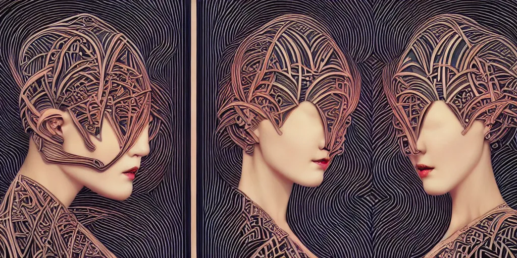 Image similar to breathtaking detailed concept art painting art deco pattern of goth twin faces goddesses amalgamation symmetric, by hsiao - ron cheng, bizarre compositions, exquisite detail, extremely moody lighting, 8 k