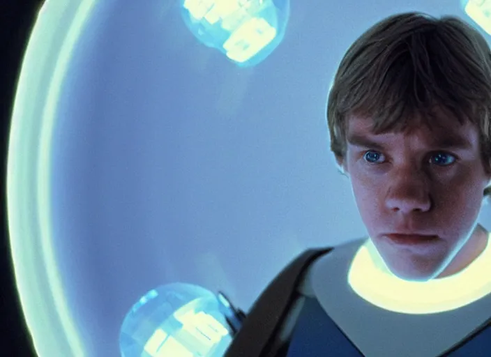 Image similar to screenshot from the lost star wars film, blue transparent hologram of Luke Skywalker, iconic scene from Star Wars, directed by Stanely Kubrick, moody cinematography, with anamorphic lenses, crisp, detailed, 4k