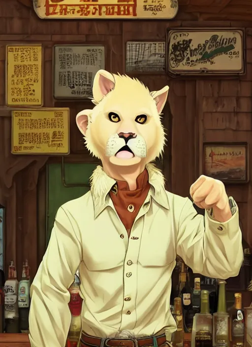 Prompt: character portrait of a anthro furry albino mountain lion wearing a pale-yellow button-down shirt and olive-green slacks at an old-timey saloon. hidari, color page, tankoban, 4K, tone mapping, Akihiko Yoshida.