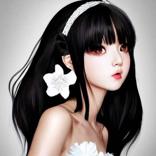 Prompt: realistic detailed semirealism beautiful gorgeous cute Blackpink Lalisa Manoban wearing white camisole white lingerie outfit maid costume, black hair black cat ears, black leather choker, proportional body, WLOP, Aztodio, Taejune Kim, Pixiv, Instagram, Artstation