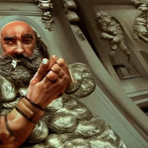 Image similar to screenshot taken from the movie gulliver travel, dwarves are demonic robots, high detailed, smooth draw, retrofuturism, created by michaelangelo.