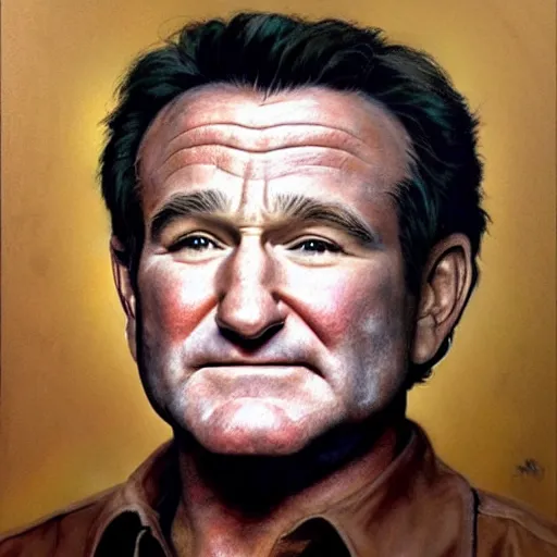 Image similar to ultra realistic portrait painting of robin williams, art by frank frazetta, 4 k, ultra realistic, highly detailed, epic lighting