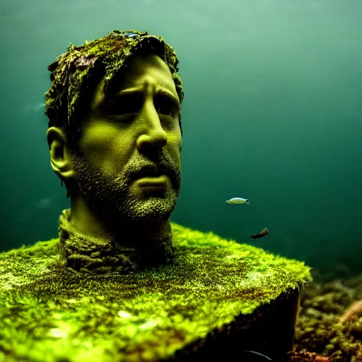Prompt: Postapocalyptic ruins, Nicolas Cage underwater mossy old statue, ruins, photo, dark, kelp and moss all over, bottom of ocean, far shot, deep ocean, bottom of ocean, dark, 35mm, fish, underwater landscape, 4k, detailed, photorealistic, photo, Atlantis, underwater camera, fish, fish, fish