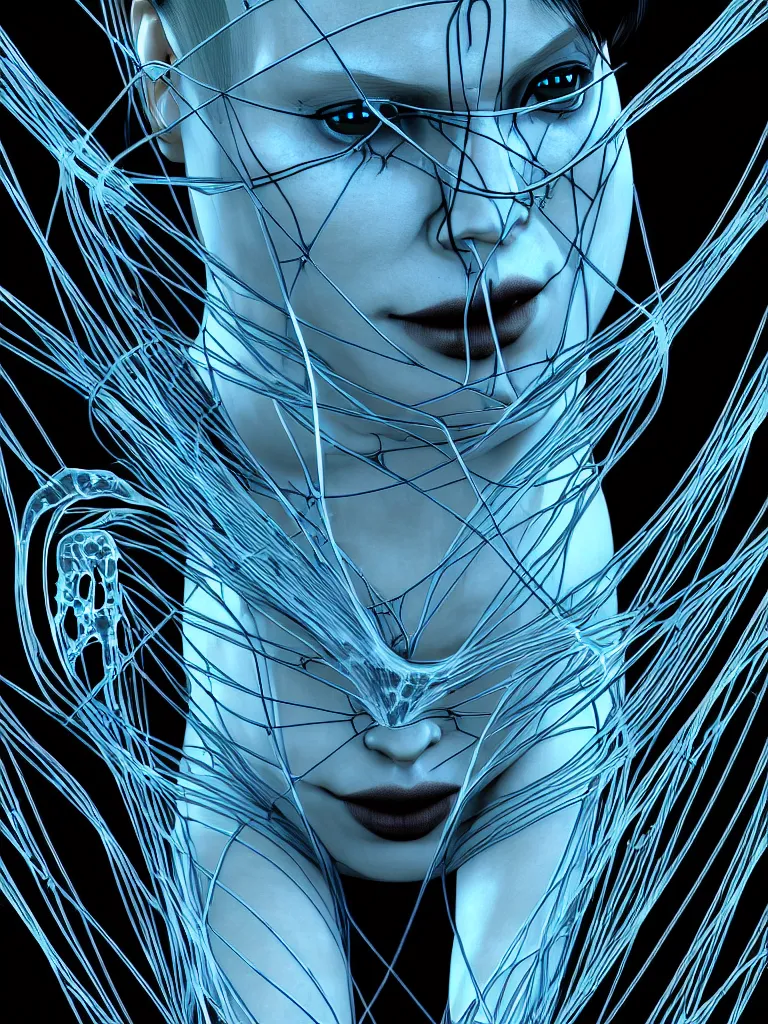 Image similar to x - ray bioscans, new ai race, inspired by æon flux, hideo kojima, mobius, shepard fairey, pre - raphaelite, manga art, ferrofluid, quantum, unsettling yet enticing, wires, veins, ultrafine inklines, 4 k photorealistic, full shot,