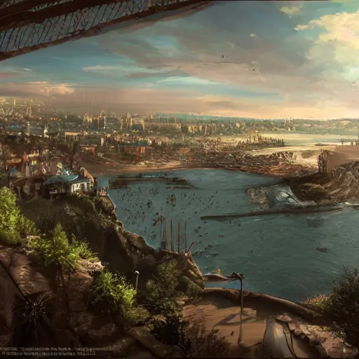 Prompt: concept art overlooking a large victorian town. The ocean is visible in the distance. Digital art, highly detailed.