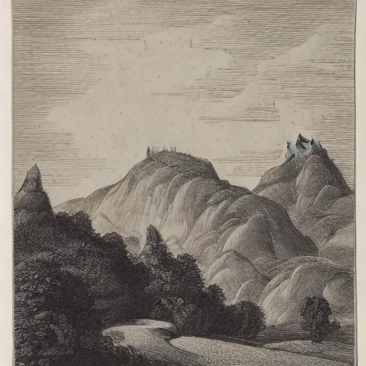 Image similar to Mountain range landscape with a castle, manuscript