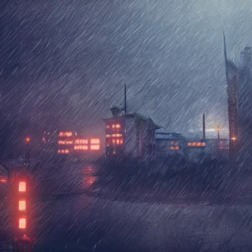 Image similar to blade runner style small village, realistic photo, 8k