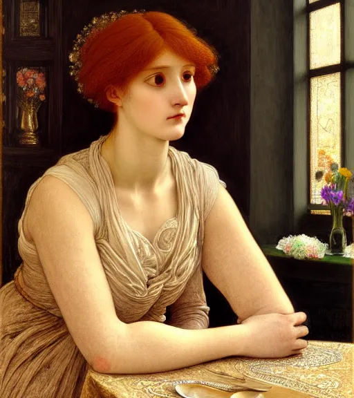 Image similar to portrait of a beautiful auburn - haired woman sitting upon a table with heightened detail, poised, intense emotion, detailed facial expression, detailed surroundings, intricate, elegant, highly detailed, centered, digital painting, artstation, concept art, smooth, sharp focus, illustration, by ( sir edward coley burne - jones ), wlop