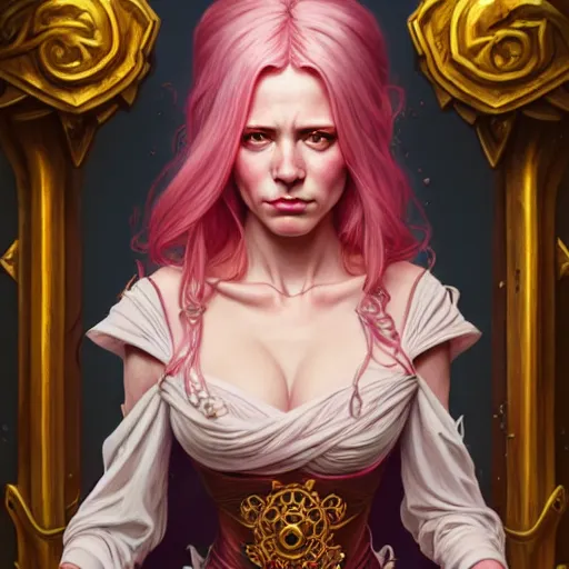 Image similar to aristocrat scowling, female, d & d, fantasy, intricate, elegant, highly detailed, pink hair, digital painting, artstation, octane render, concept art, matte, sharp focus, illustration, hearthstone, art by artgerm, alphonse mucha johannes voss