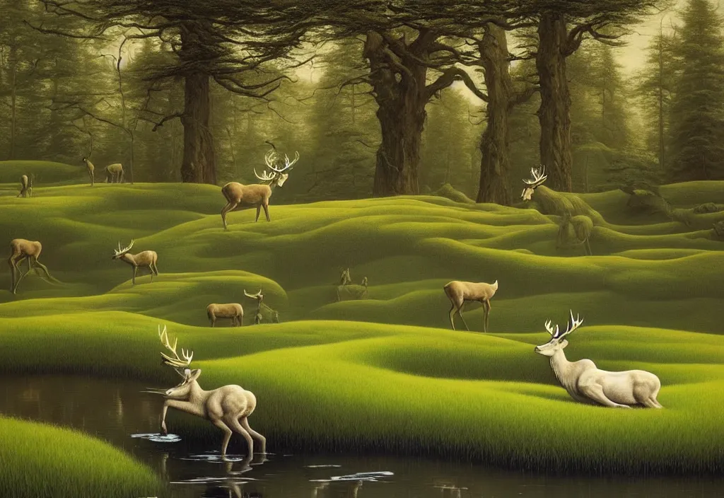 Image similar to hyper detailed 3d render like a Oil painting - white stag drinking from reflecting pool in a peaceful lush meadow, by Jacek Yerka, Mariusz Lewandowski, Houdini algorithmic generative render, Abstract brush strokes, Masterpiece, Edward Hopper and James Gilleard, Zdzislaw Beksinski, Mark Ryden, Wolfgang Lettl, hints of Yayoi Kasuma, octane render, 8k