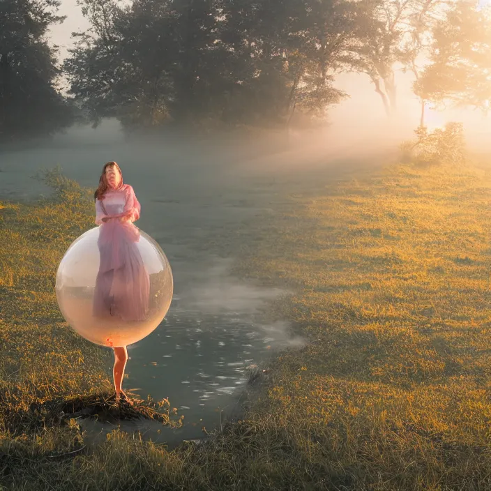 Image similar to a closeup portrait of a woman wrapped in plastic, standing next to a giant levitating orb, in a foggy pond, golden hour, color photograph, by vincent desiderio, canon eos c 3 0 0, ƒ 1. 8, 3 5 mm, 8 k, medium - format print