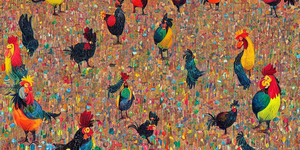 Prompt: colorful illustration of a million fighting roosters, mix of styles, collage of styles, abstract, surreal, intricate, highly detailed, matte colors