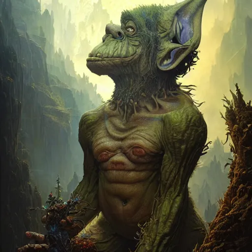 Image similar to a hyperrealistic illustration of a mix of an oger and giant and goblin, 8 k ultra realistic creature, detailed intricate, with fractal sunlight, award - winning, masterpiece, in the style of tom bagshaw, cedric peyravernay, peter mohrbacher