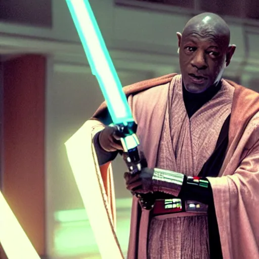 Image similar to gucci mane holding a lightsaber as mace windu in star wars episode 3, 8k resolution, full HD, cinematic lighting, award winning, anatomically correct