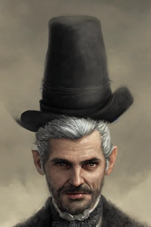 Image similar to A fancy portrait of a grey hair old halfling with stubble top hat and suit by Greg Rutkowski, Sung Choi, Mitchell Mohrhauser, Maciej Kuciara, Johnson Ting, Maxim Verehin, Peter Konig, Bloodborne, 8k photorealistic, cinematic lighting, HD, high details, dramatic, dark atmosphere, trending on artstation