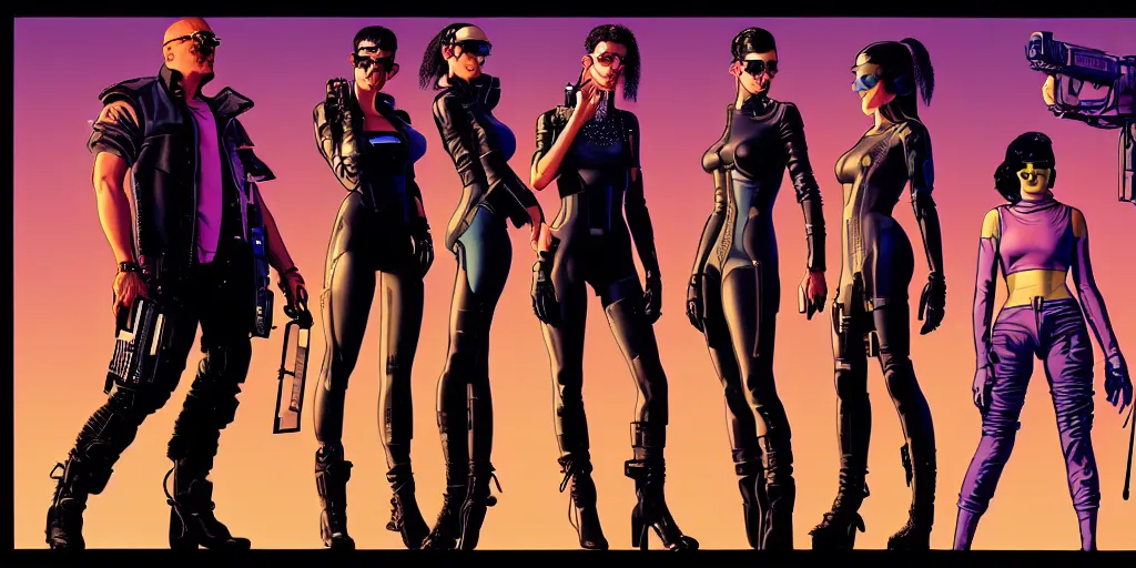 Prompt: cyberpunk heist crew. portrait by stonehouse and mœbius and will eisner and gil elvgren and pixar. character design. realistic proportions. dystopian. cyberpunk 2 0 7 7 character art, blade runner 2 0 4 9 concept art. cel shading. attractive face. thick lines. the team. detailed interesting characters.