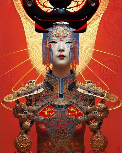 Image similar to symmetry!! portrait of a chinese opera robot, machine face, decorated with pharoanic motifs, intricate, elegant, highly detailed, digital painting, artstation, concept art, smooth, sharp focus, illustration, art by artgerm and greg rutkowski and alphonse mucha, 8 k