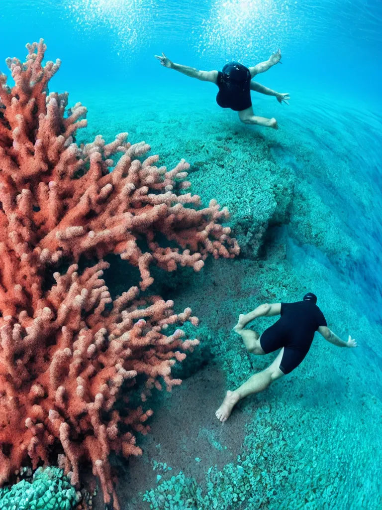 Image similar to a middle aged man swimming under the sea coral reef