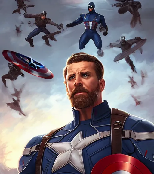 Prompt: Gavin Mcinnes as Captain America, heading into battle, sigma male, rule of thirds, cinematic, art by Stanley Artgerm Lau, WLOP, Rossdraws, Andrei Riabovitchev, Marc Simonetti, Yoshitaka Amano, ArtStation, CGSociety,