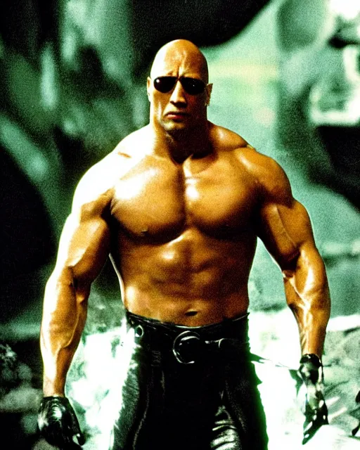 Image similar to film still close up shot of dwayne johnson as morpheus from the movie the matrix. photographic, photography