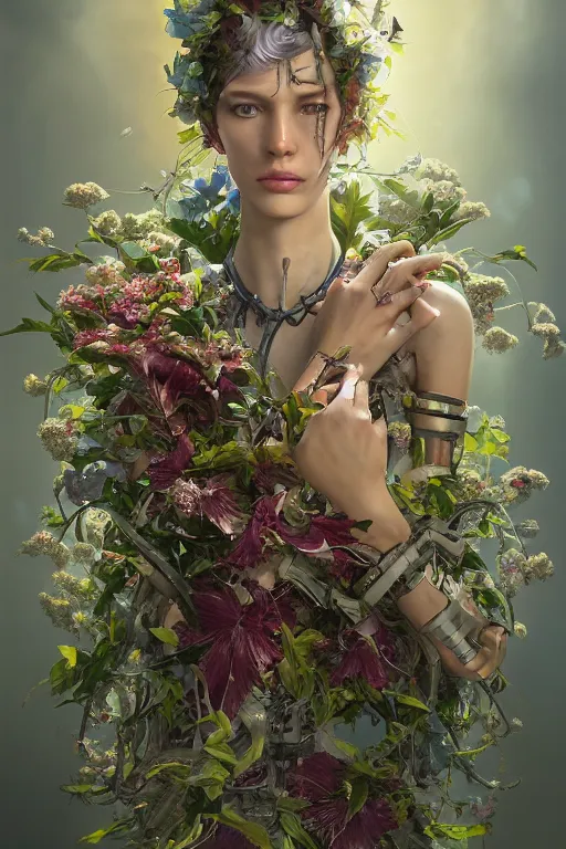 Prompt: a beautiful fine art RPG portrait photo of a robot female cyborg, spread out wavy hair covered by hibiscus, daffodils, hydrangea, montsera leaves by tom bagshaw, golden ratio composition, soft studio lighting, soft vignette, 50mm lens, very detailed, bionic, cybernetic scifi, deep depth of field, artstation, 8K