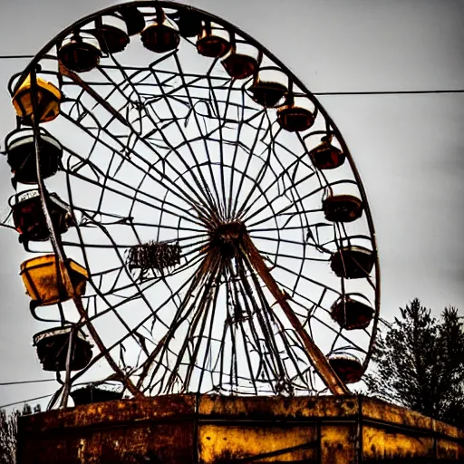 Image similar to an old abandoned rusty ferris wheel, in a town filled with pale yellow mist. Dystopian. Grainy. Award-winning photo. Sigma 40mm f/1.4 DG HSM