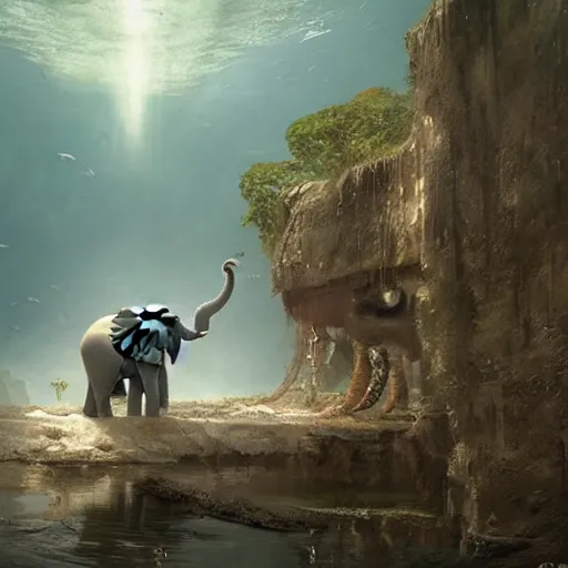 Prompt: an elephant discovering the lost city of atlantis,digital art,detailed,ultra realistic,art by greg rutkowski