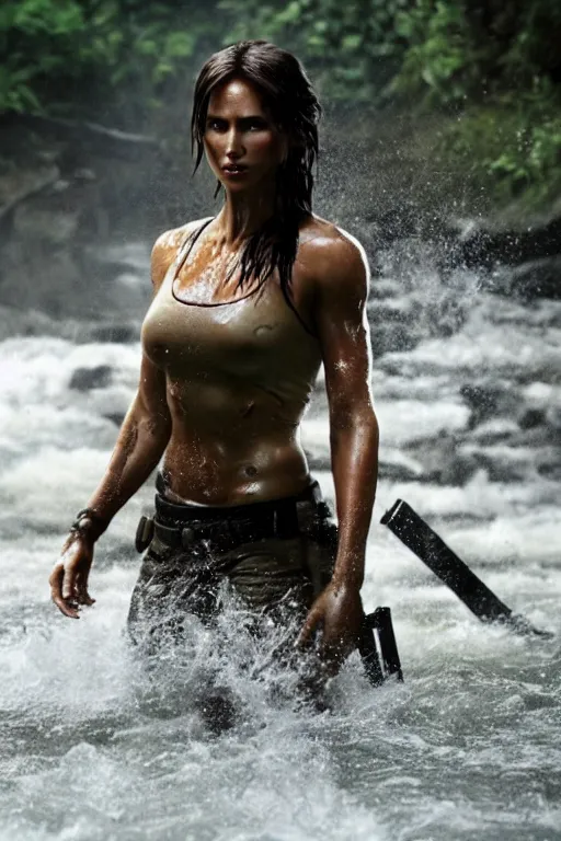 Image similar to a film still of lara croft, close up face, muscular, drenched body, photography, wet dripping hair, emerging from the water