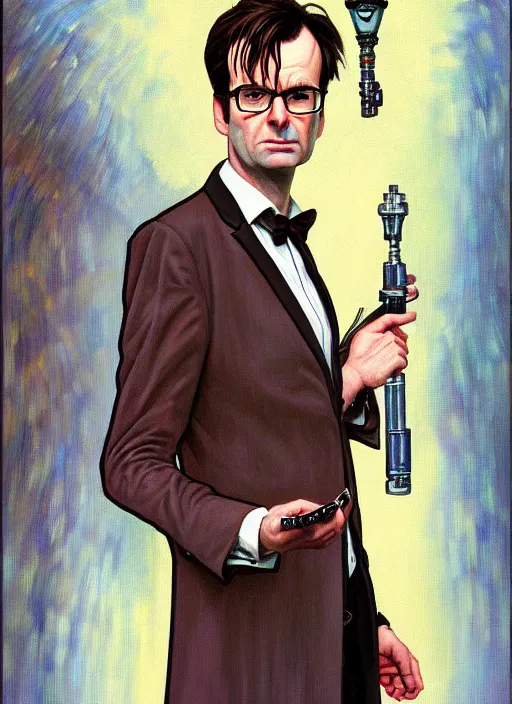 Image similar to oil portrait of the tenth doctor from doctor who wearing a really cool skirt, intricate, elegant, highly detailed, lighting, painting, artstation, smooth, illustration, art by greg rutowski and alphonse mucha