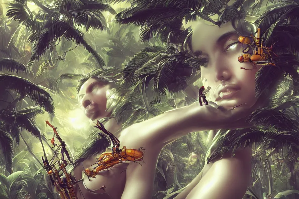 Image similar to an extreme close - up of a cyborg nymph playing with a giant insect surrounded by saxophones, palm trees, jungle fruit, and stylized designer modular chrome eye candy, volumetric light caustics clouds of smoke, by hajime soryama, boris vallejo, bouguereau, mamoru nagano