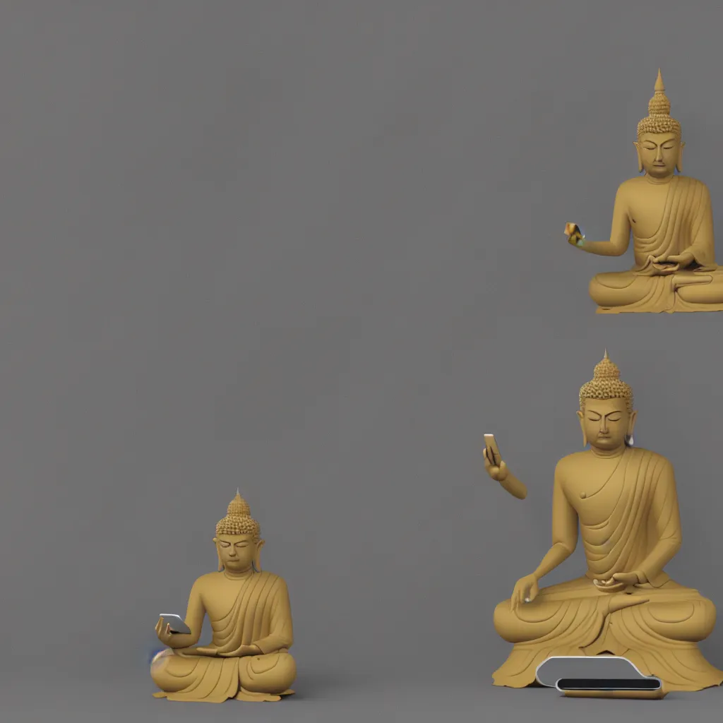 Image similar to 3 d render of a beautiful meditating buddha checking his smartphone, neo noir