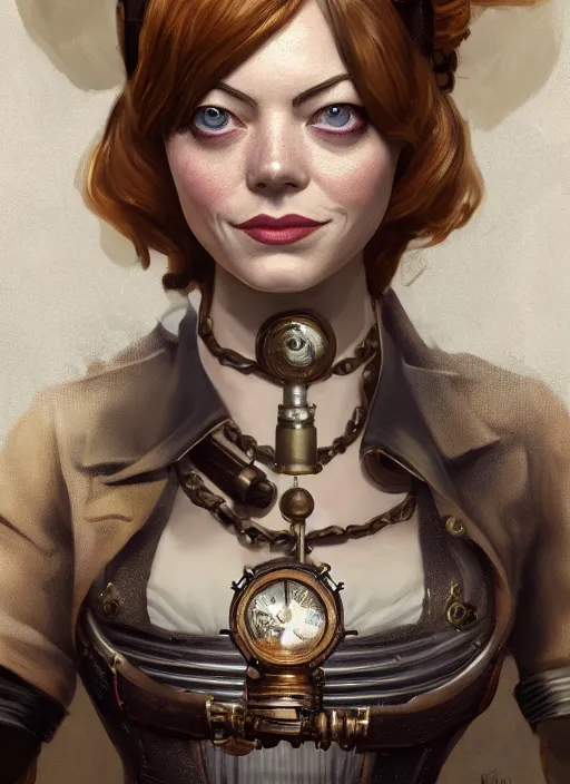 Image similar to Steampunk Bioshock portrait of Emma Stone, au naturel, hyper detailed, digital art, trending in artstation, cinematic lighting, studio quality, smooth render, unreal engine 5 rendered, octane rendered, art style by klimt and nixeu and ian sprigger and wlop and krenz cushart