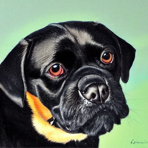 Prompt: portrait of black pugalier dog, by ken done