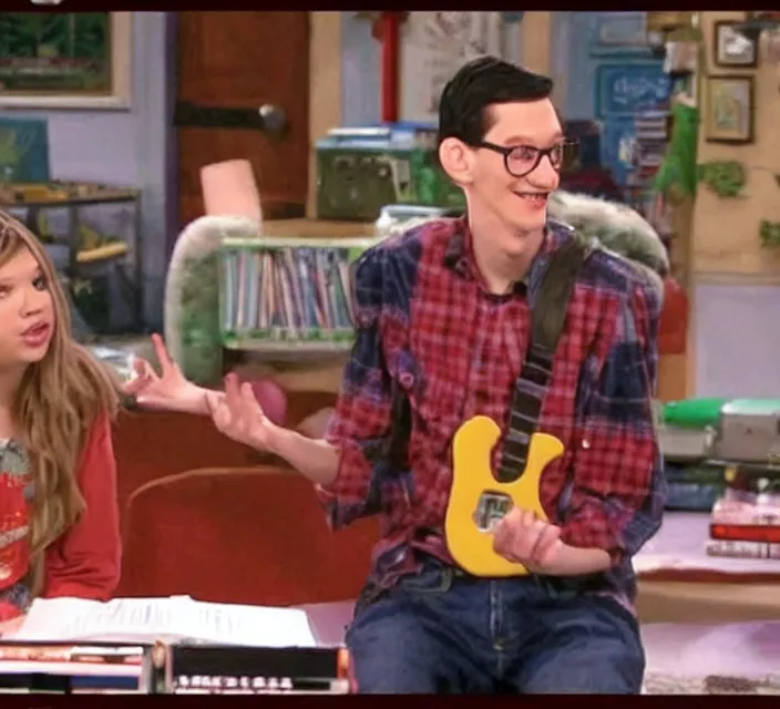 Image similar to a screenshot of neil cicierega introducing himself to carly in icarly ( 2 0 0 9 ), vhs quality, low quality