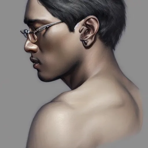 Prompt: ultra realistic illustration, young man with dark gray skin, short white hair, intricate, elegant, highly detailed, digital painting, artstation, concept art, smooth, sharp focus, illustration, art by artgerm and greg rutkowski and alphonse mucha