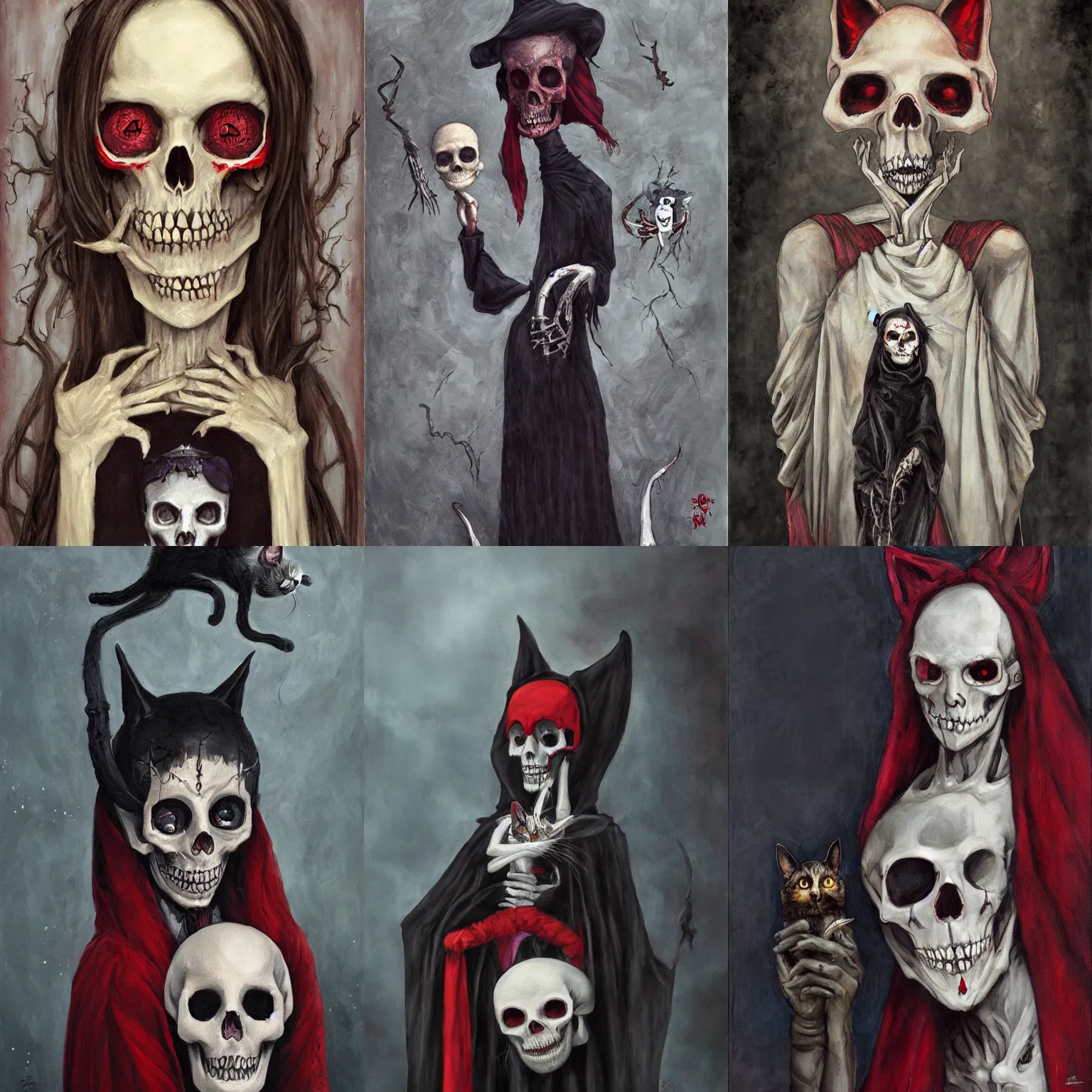 Prompt: portrait of a witch with red eyes, posing with a cat skull, long dark robe, painted by enki bilal and tony sandoval and oliver ledroit. oil painting.