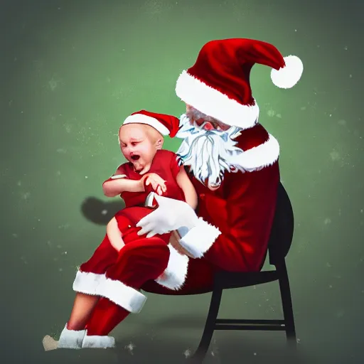 Image similar to an alcoholic wearing santa suitr crying while having a child on his lap, shopping mall, emotional, sadness, anxious, depressed, zoomed out, colorfull, photorealistic, cinematic, concept art, epic