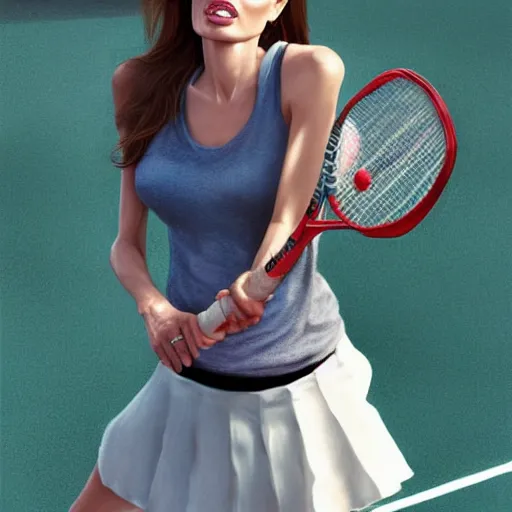 Image similar to angelina jolie playing tennis in the style of stefan kostic, realistic, full body, sharp focus, 8 k high definition, insanely detailed, intricate, elegant, art by stanley lau and artgerm