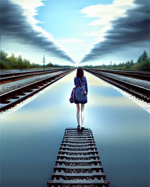 Image similar to shallow reflective water completely covers submerged train tracks as a girl walks along carrying her shoes, there is a train station in the distance and large white clouds on a wide horizon, intricate, elegant, highly detailed, digital photo, artstation, concept art, smooth, sharp focus, illustration, art by artgerm and greg rutkowski and fra angelico