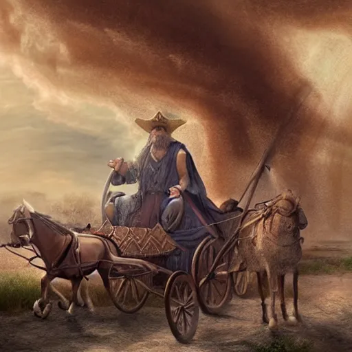 Prompt: Beautiful hyperrealistic detailed matte painting of a 60 year old man in Biblical outfit riding the carriage of an ancient chariot made of fire pulled by firey horses. nightime.