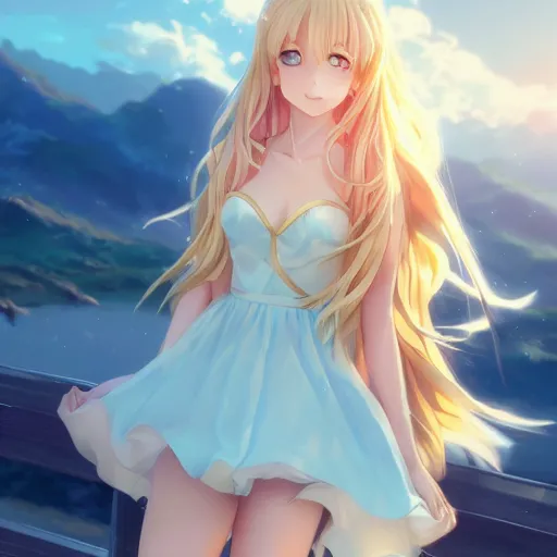 Image similar to a very beautiful anime girl, full body, long wavy blond hair, sky blue eyes, full round face, short smile, golden dress, summer lake setting, cinematic lightning, medium shot, mid-shot, highly detailed, trending on Artstation, Unreal Engine 4k, cinematic wallpaper by Stanley Artgerm Lau, WLOP, Rossdraws, James Jean, Andrei Riabovitchev, Marc Simonetti, and Sakimichan