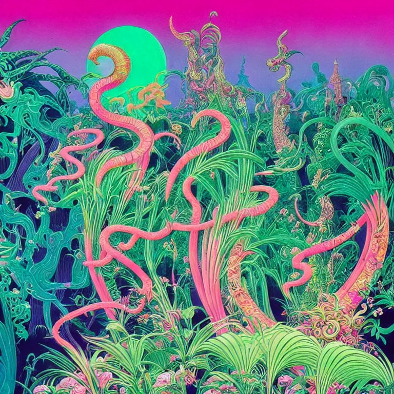 Prompt: pink crescent moon, magical crystal towers, hallucinogenic smoke serpent, bright neon colors, highly detailed, cinematic, hiroo isono, eyvind earle, philippe druillet, roger dean, lisa frank, aubrey beardsley, ernst haeckel