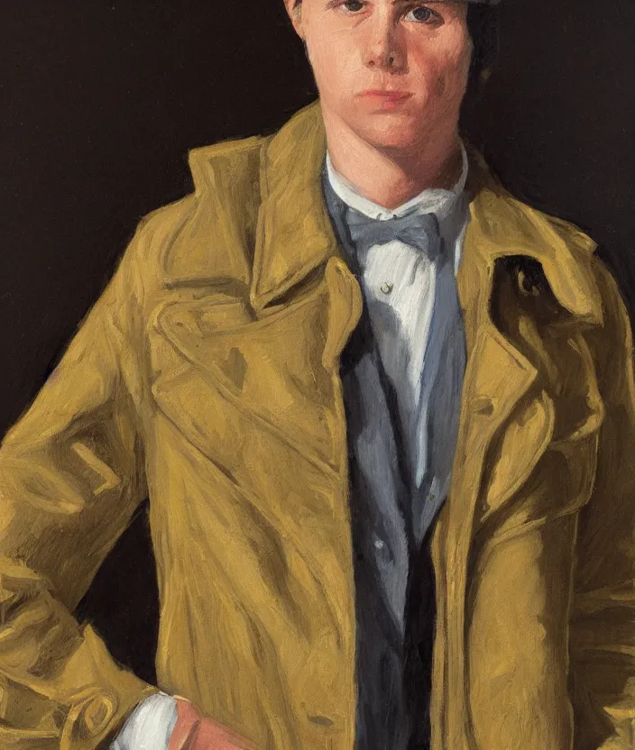 Image similar to a very detailed portrait of a man wearing an 8 0 s jacket with big shoulder pads, very aesthetic leather jacket, detailed closeup of leather jacket, front view, in the style of edward hopper and oswald hornby joseph birley and susan ryder, very small brushstrokes, 4 k,