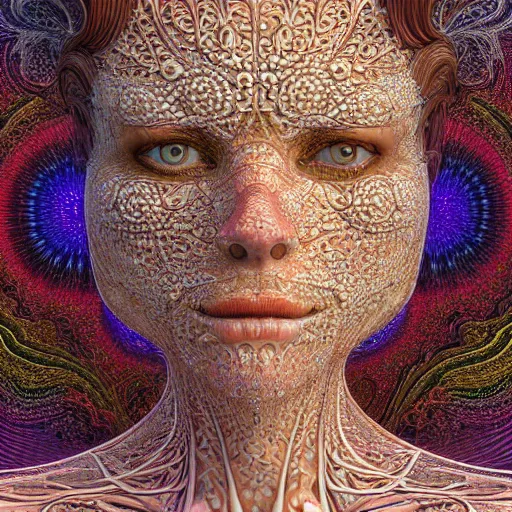 Image similar to beatifull frontal face portrait of a woman, 150mm, chromatic aberration, mandelbrot fractal, intricate, elegant, highly detailed, ornate, ornament, sculpture, elegant , luxury, beautifully lit, ray trace, octane render in the style of peter Gric and alex grey