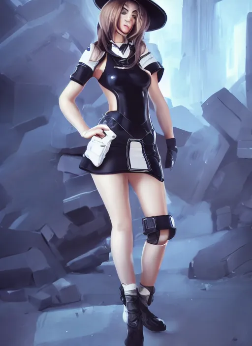 Image similar to caitlyn from league of legends, wearing black dress police uniform, white skirt, hyper detailed, digital art, trending in artstation, cinematic lighting, studio quality, smooth render, unreal engine 5 rendered, octane rendered, art style by klimt and nixeu and ian sprigger and wlop and krenz cushart