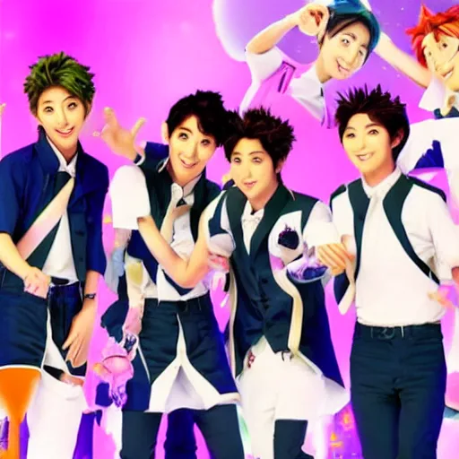 Image similar to still frame of j-pop boy band arashi in Pixar's up