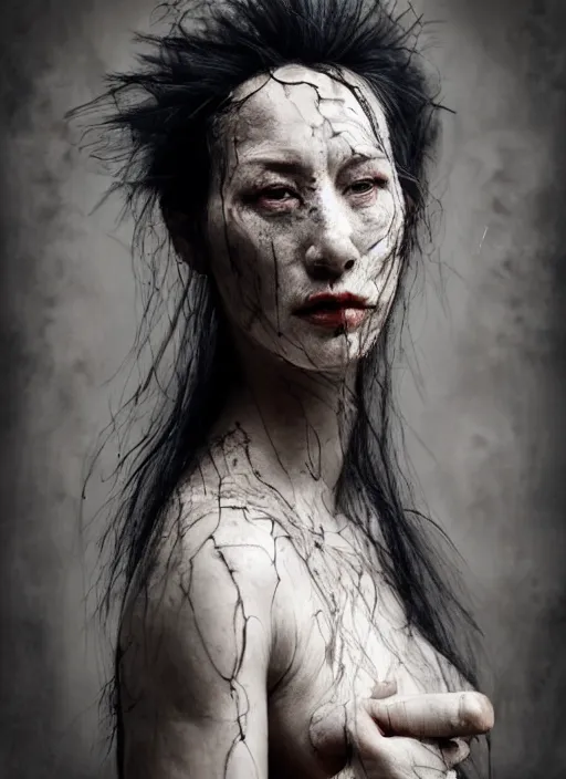 Image similar to expressive face potrait photo of a clothed butoh dancer, glamour shot, by jenny saville, by stefan gesell, photorealistic, canon r 3, fashion photography, hyper maximalist, elegant, ornate, luxury, elite, environmental portrait, symmetrical features, octane render, unreal engine, solid dark grey background, dramatic lights